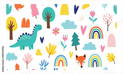 Playful vector illustration of a charming children's seamless pattern with a cute dinosaur, fox, trees, flowers, and rainbows, ideal for nursery wallpaper and textile designs
