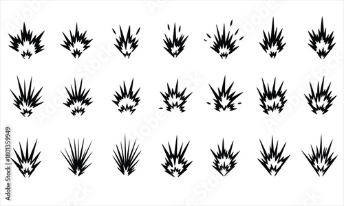 Dynamic black and white vector comic book explosion burst effects set for game design and graphic animation projects, ideal for impact and energy visuals