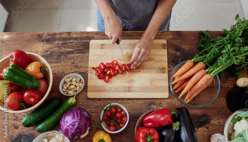 Preparing fresh, organic vegetables for a vibrant, healthy meal at home with rustic wooden countertop