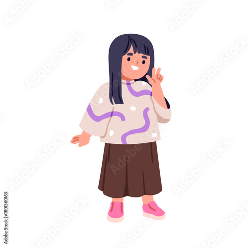 Cute happy girl kid smiling, gesturing peace, V sign with hand. Excited frien...