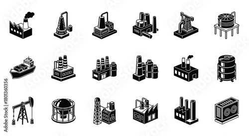 Industrial factory oil and gas plant isometric icon vector set