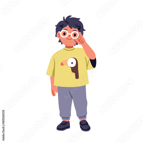 Boy with bad eyesight, wearing eye glasses. Happy smiling little kid child with poor sight, myopia, standing and adjusting eyeglasses, spectacles. Flat vector illustration isolated on white background