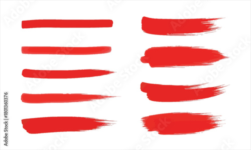 Collection of Red Brush Strokes and Straight Lines on White Background for Design Elements