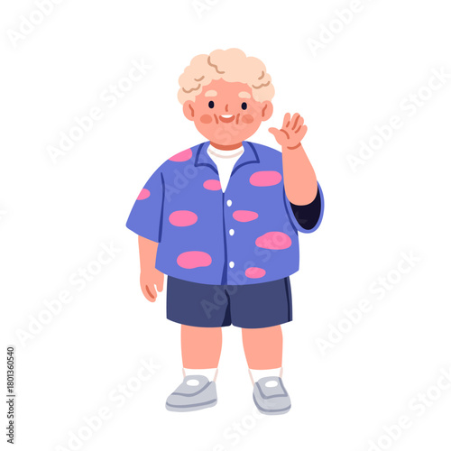 Happy little boy with fat chubby chunky body. Smiling kindergarten character greeting with hand gesture. Cute joyful kid with obesity. Flat vector illustration isolated on white background.