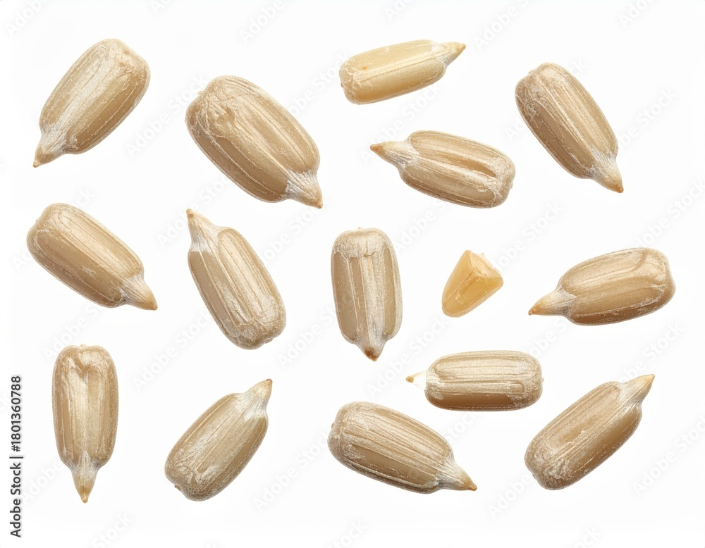 Obraz premium High-resolution image of wheat grains on a white background, highlighting texture and detail for agricultural and culinary purposes.