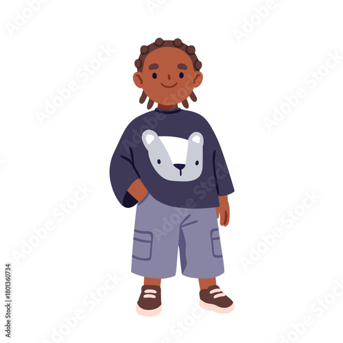 Black kid standing, smiling. Happy child with african hairstyle, afro braids....