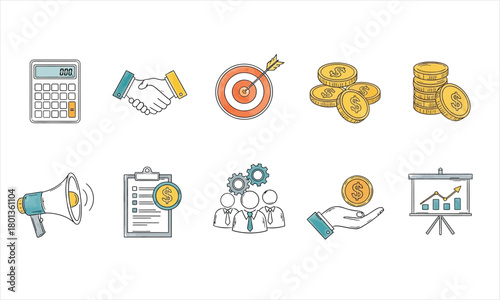 Collection of Business and Finance Icons Calculator, Handshake, Target, Coins, Megaphone, Checklist, Teamwork, Hand with Coin, and Presentation