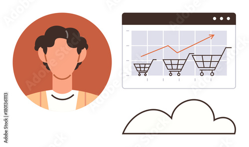 Person portrait beside shopping cart graph, cloud illustration conveys e-commerce growth, analytics, online business, sales trends, data analysis, marketing insights, digital commerce simple flat