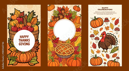 Cartoon Style Handdrawn Thanksgiving Elements with Pumpkin and Apple Illustration