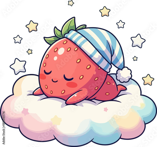 Cute strawberry character sweetly sleeps on cloud under starry sky