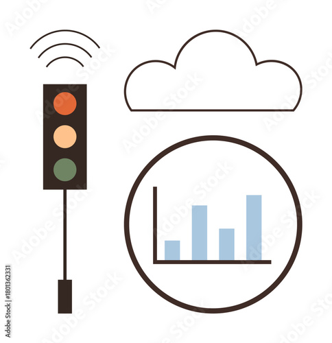 Traffic light with wireless signals, cloud icon, and bar chart. Ideal for smart city planning, technology, IoT, data integration, urban innovation traffic control analytics. Simple flat metaphor