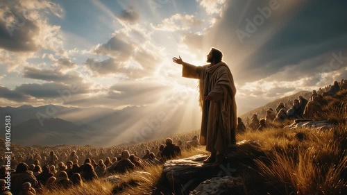 Jesus speaks to a large crowd in a serene landscape with soft sunlight breaking through clouds