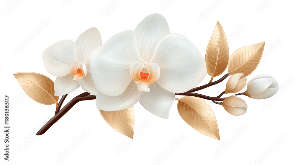 Naklejka premium White orchid gold leaf flower botanical elegant tropical nature bloom branch realistic decorative exotic luxury floral petal arrangement soft delicate plant blossom wedding romantic spring summer
