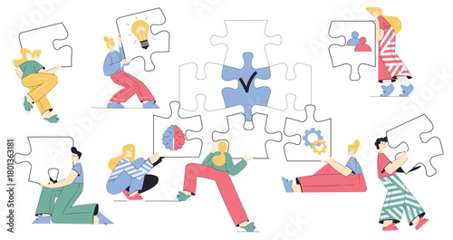 Jigsaw Puzzle with Man and Woman Connecting Element Together Vector Set