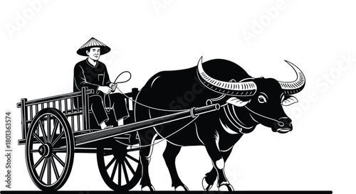 Ox cart illustration asian farmer vintage transportation vector