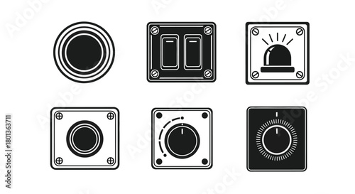 Black and white vector illustration of various control panels