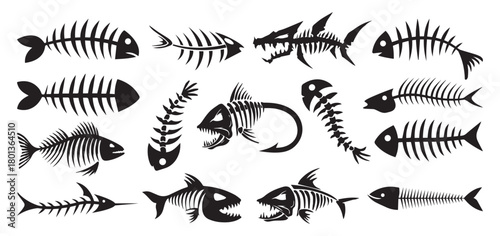 Fish bone or fishbone skeleton shape set collection pack black icon silhouette vector flat illustration design on white background