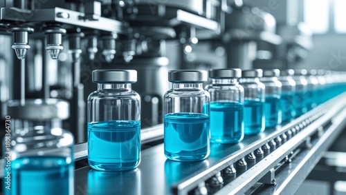 Vaccine vials on a production line, medical manufacturing concept