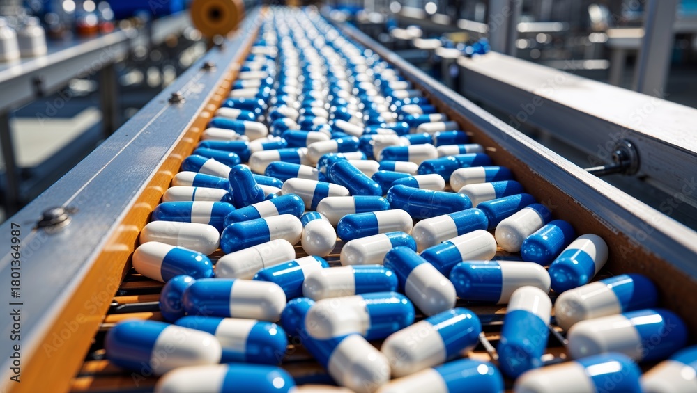 Obraz premium Pharmaceutical production line with blue and white capsules in a factory setting