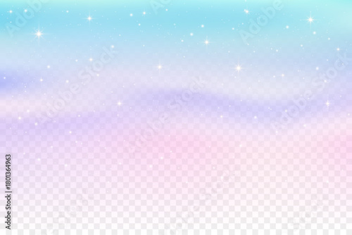 Winter transparent background with falling snowflakes and shiny stars. Abstract pink and blue gradient effect overlay Christmas backdrop. Vector frosty magic realistic landscape