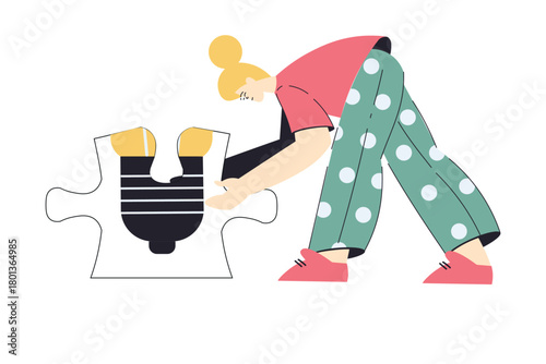 Woman Hold Big Jigsaw Puzzle Connecting Element Together Vector Illustration