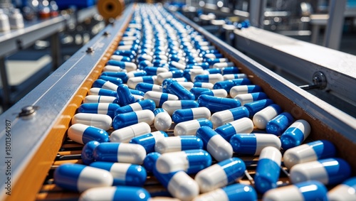 Pharmaceutical production line with blue and white capsules in a factory setting