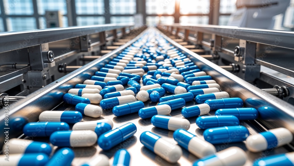 Fototapeta premium Pharmaceutical production line with blue and white capsules on a conveyor belt