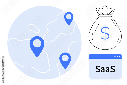 World map with location pins, dollar sack representing revenue, SaaS app interface. Ideal for technology, finance, global business, startups, analytics software digital marketing. Simple flat