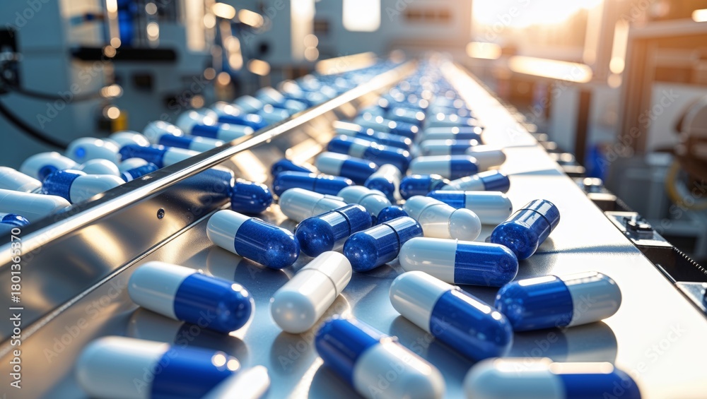 Obraz premium Pharmaceutical production line with blue and white capsules in a factory
