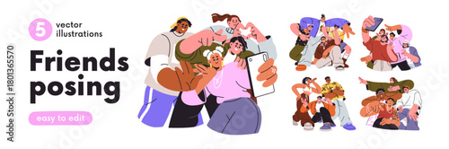 Happy friends groups posing together set. Young people standing for portrait photo, selfie on phone. Girls and guys smiling, laughing with fun. Flat vector illustration isolated on white background