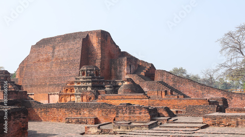 India, Bihar, Rajgir, View of Ancient Ruins of Worlds Oldest Nalanda University, The Red Brick Monuments With Ruin Buddha Vihara's Around Campus.