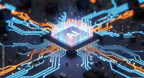 A closeup of a glowing blue ai processor chip on a circuit board.