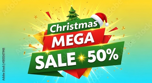 Christmas mega sale 50% off discount banner with santa hat and tree