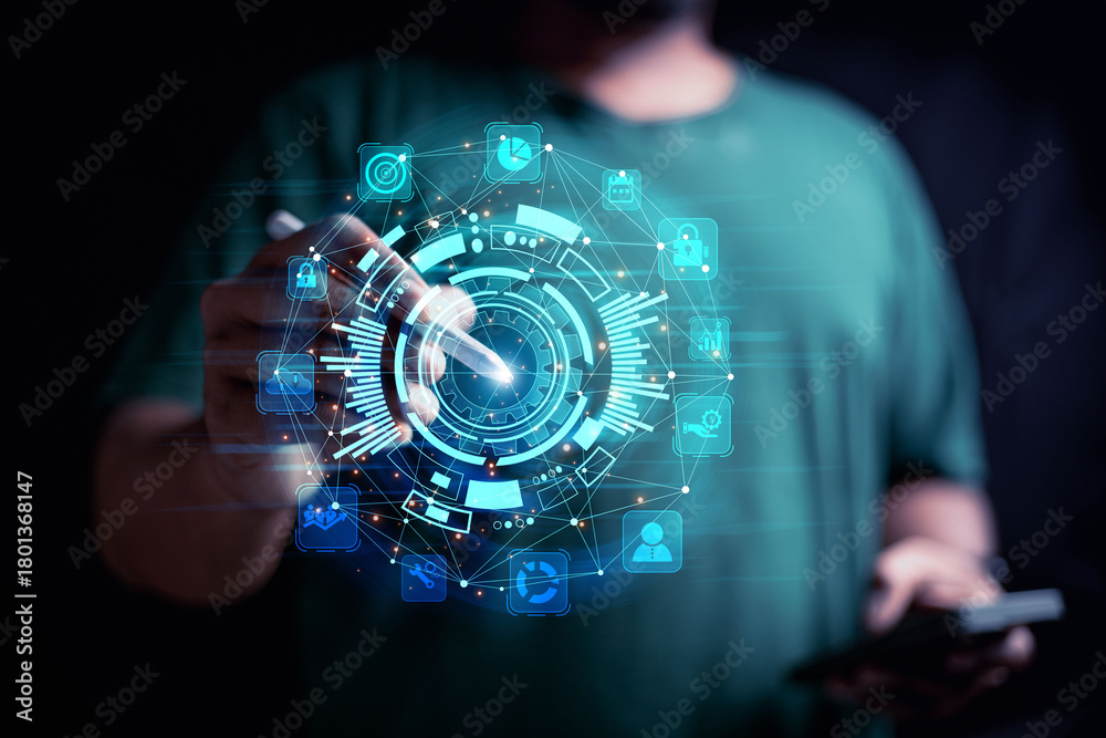 Fototapeta premium Engineer use your smartphone to exchange industrial systems, technology, industry cloud technology concepts.
