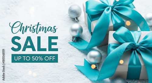 Christmas sale with teal ribbon gifts and ornaments