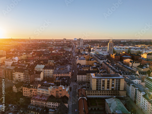 Stockholm, Sweden, aerial view of Södermalm and Götgatan at dawn