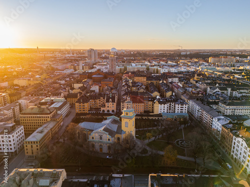 Canvas Print Stockholm, Sweden, aerial view of Södermalm at dawn, with the Maria Magdalena Ch