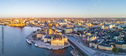 Beautiful aerial view of Stockholm and the old town at dawn, early winter