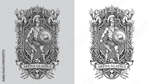 Arena Gladius Roman Centurion on Decorative Column Shield Black and White Illustration