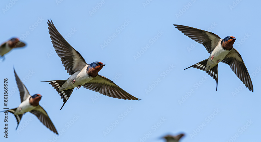 Fototapeta premium Experience the beauty and freedom of swallows in flight against a clear blue sky. Perfect for projects needing a touch of nature, travel, or inspiration.