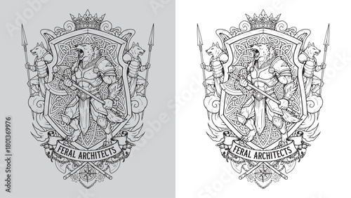 Feral Architects Wolf Warrior Mascot in Celtic Armor Black and White Illustration