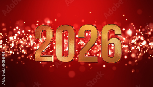 3d rendering of golden light shine particles bokeh over red background and the numbers 2026 in gold - represents the new year - vacation concept.