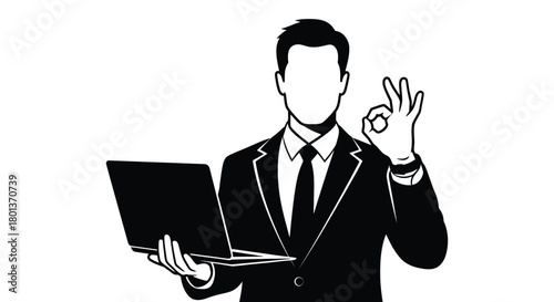 Businessman with laptop showing ok sign vector illustration art