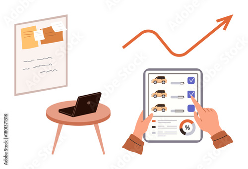 Hands selecting cars on digital tablet, rising graph, laptop on table, and task board. Ideal for business, automotive, analysis, planning, organization productivity simple flat metaphor