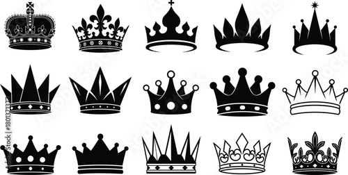 Collection of varied black silhouette royal crowns and regal headwear symbols on white background