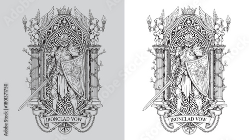Ironclad Vow: Medieval Knight in Detailed Gothic Arch Emblem