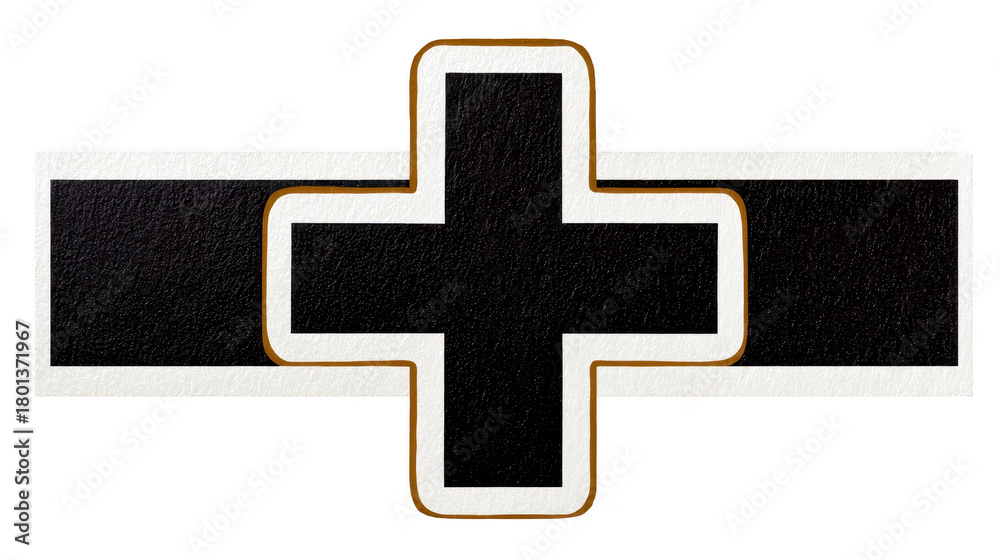 Obraz premium Black cross symbol with white and gold outline, geometric design, isolated on transparent background, modern minimal style, suitable for graphic design, calm and neutral mood