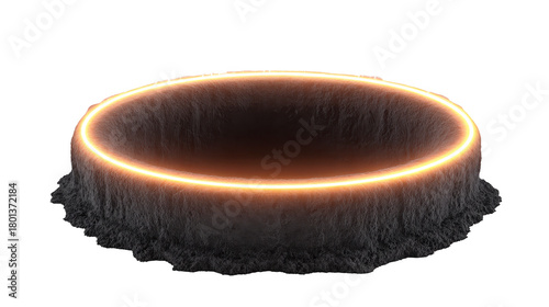 Glowing ring crater with illuminated edge, dark textured ground, futuristic and mysterious atmosphere, suitable for science fiction or fantasy backgrounds