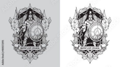 Ironclad Legion: Spartan Warrior with Shield and Spear in Gothic Emblem