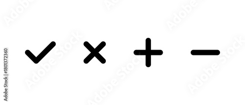 Check mark, cross, add, and remove icon. Checkmark, X, plus, and minus sign